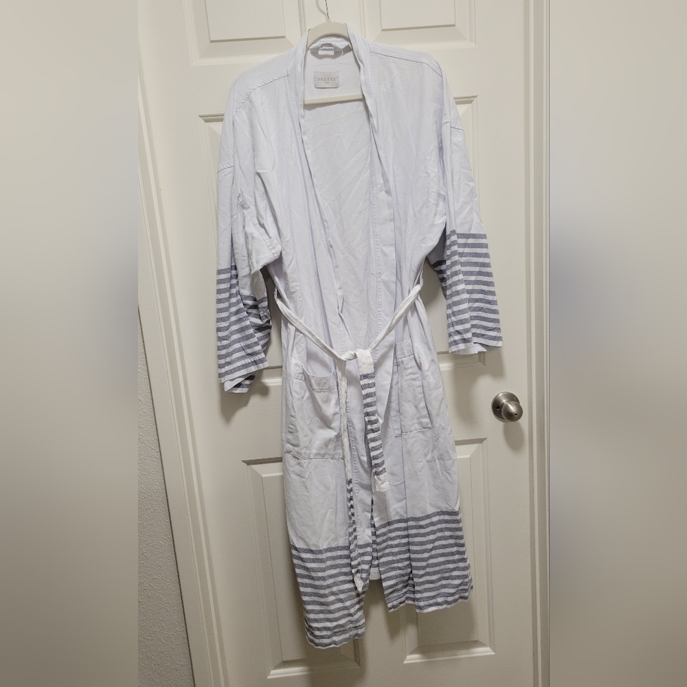 White and Gray Frette Striped Robe, XL, 100% Cotton